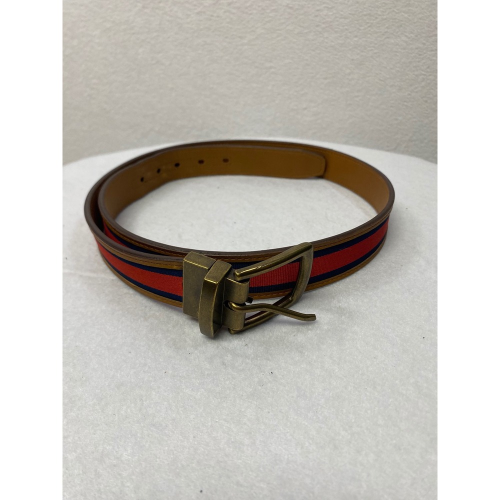 Mens Striped‎ Fabric Inset Belt Gold Tone Buckle Size L